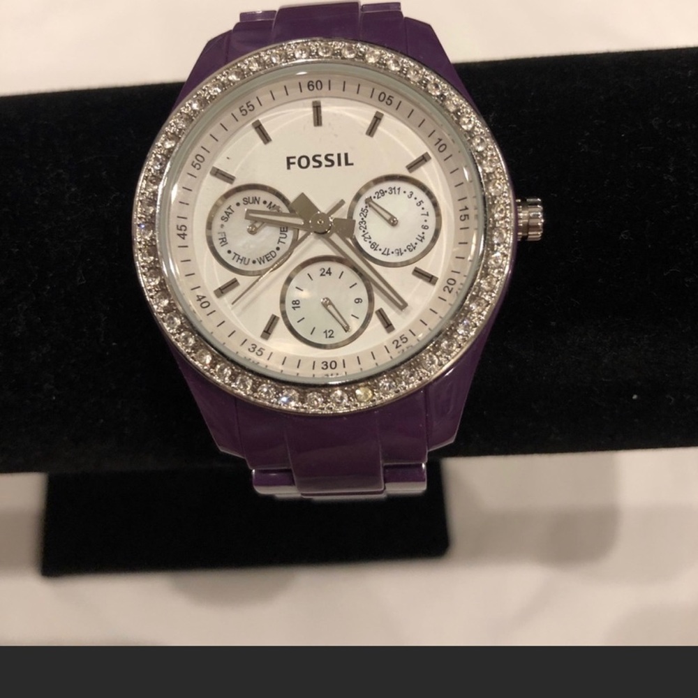 Purple Fossil watch with diamonds used once